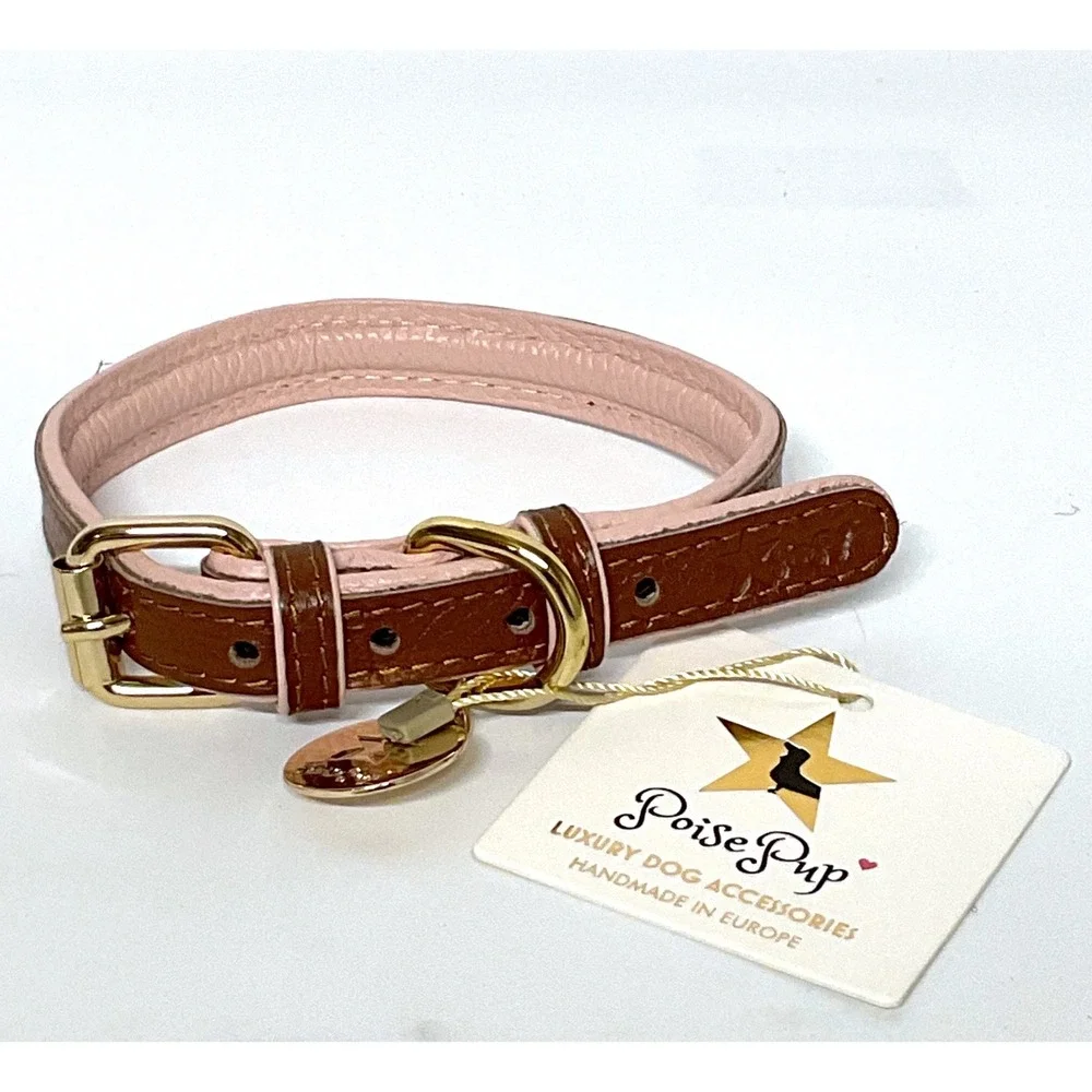 Poise Pup Bella Rose Brown Pink Padded Leather Dog Collar Medium Gold Hardware